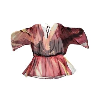 ALICE + OLIVIA Peplum Burgendy Red Size Small S Silk Blouse Flowy Ruffle V-Neck